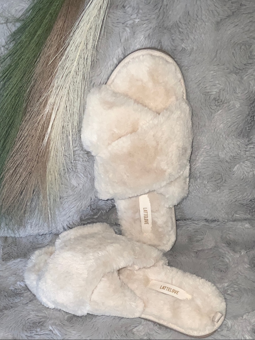 Cream Fuzzy Cross-Band Slippers